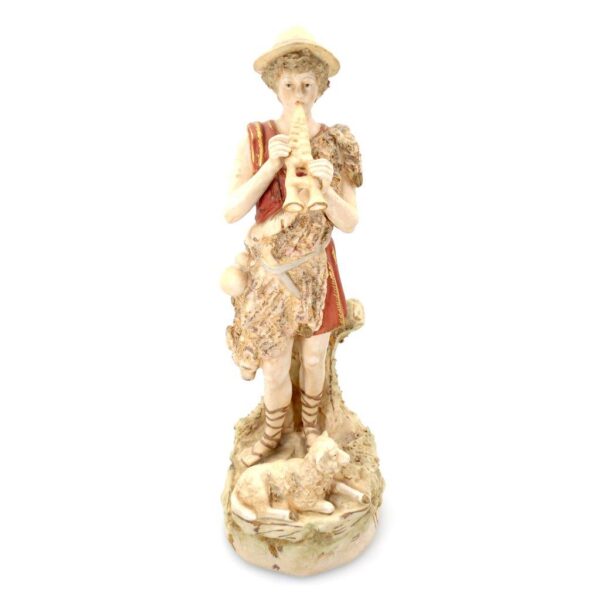 porcelánová soška značky Royal Dux, model: pastýř, bronz dekor se zlacením