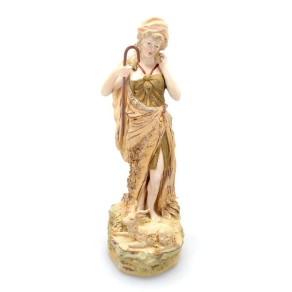 porcelánová soška značky Royal Dux, model: pastýřka, bronz dekor se zlacením