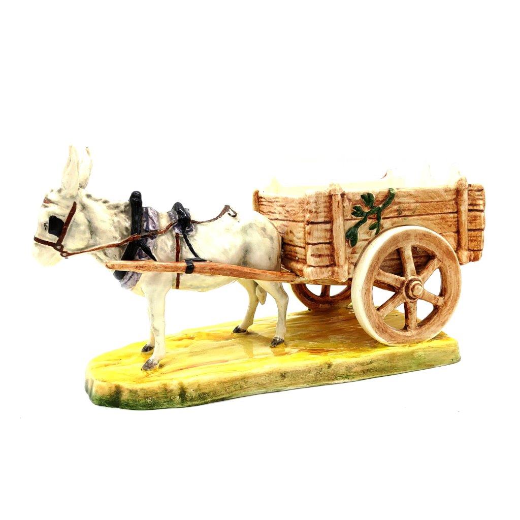 porcelánová soška značky Royal Dux, model: osel s povozem, luxor dekor