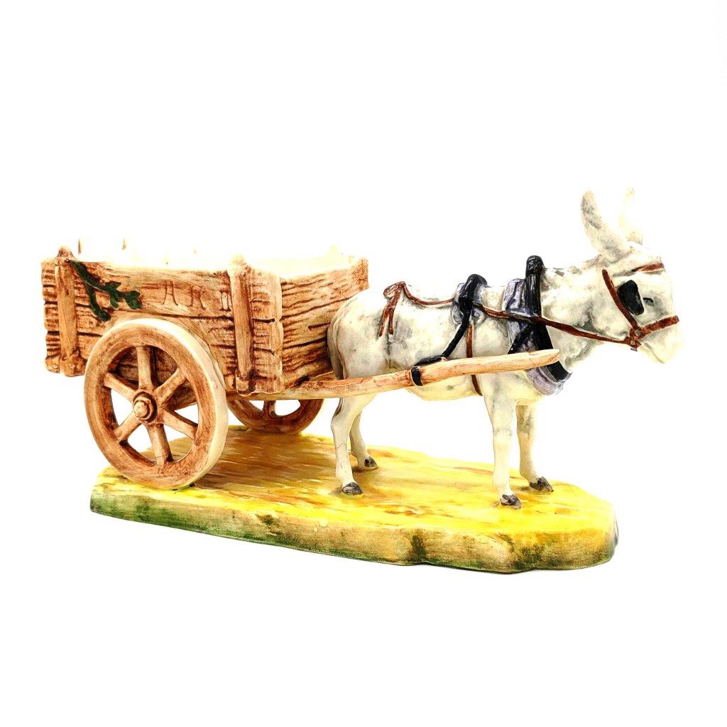 porcelánová soška značky Royal Dux, model: osel s povozem, luxor dekor