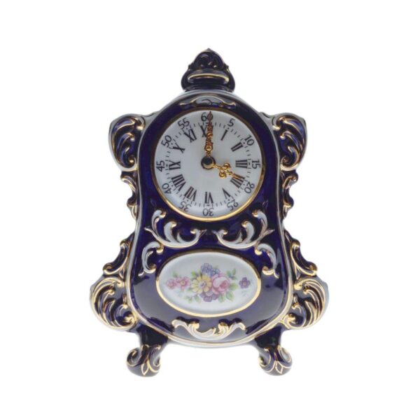 porcelánové hodiny značky Royal Dux, model: Baroko, kobaltový dekor se zlacením