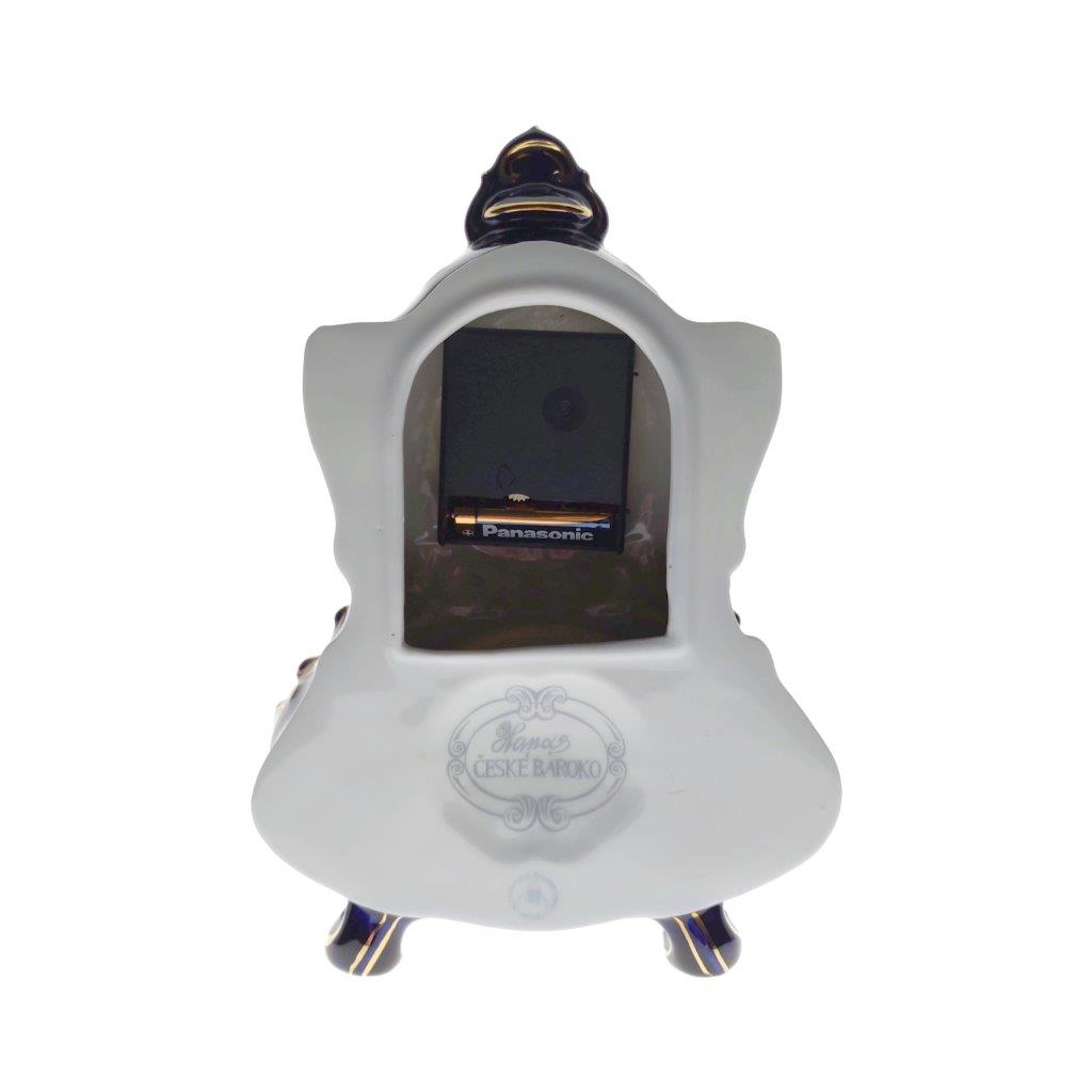 porcelánové hodiny značky Royal Dux, model: Baroko, kobaltový dekor se zlacením