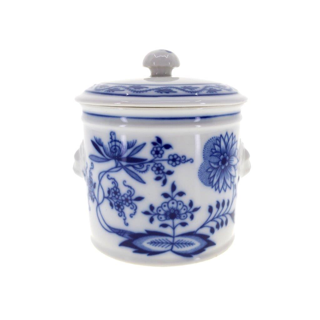 Cibulák - Dóza s lvími hlavami a víčkem, bílý porcelán s cibulákovým dekorem