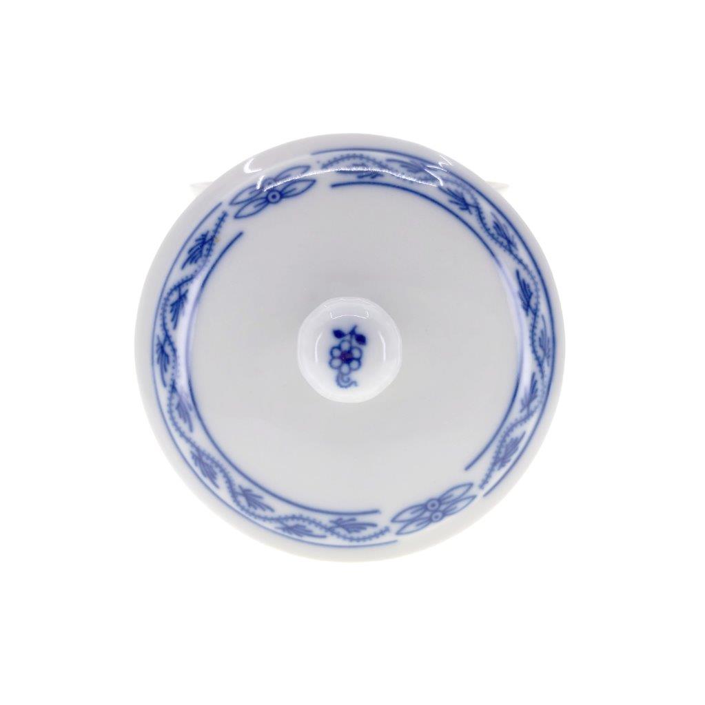 Cibulák - Dóza s lvími hlavami a víčkem, bílý porcelán s cibulákovým dekorem