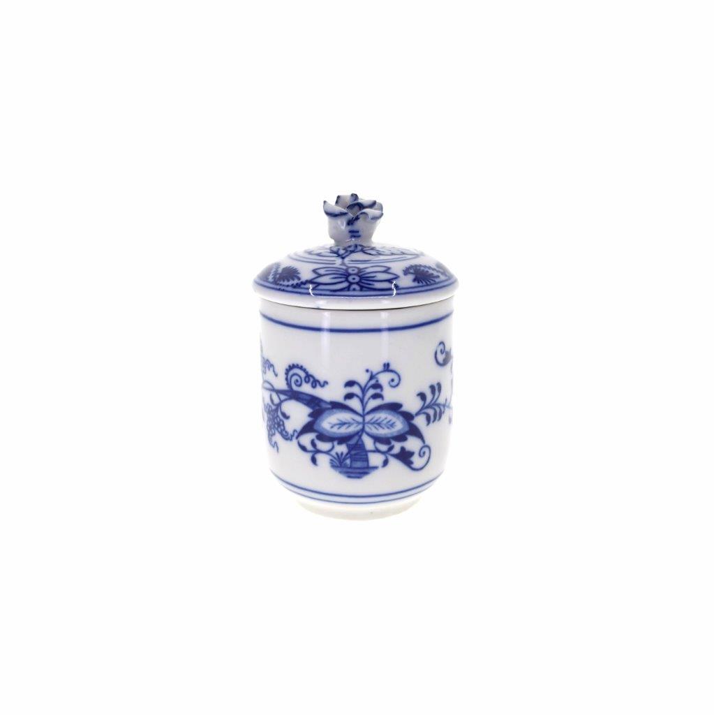 Cibulák - Hořčičník s víčkem a výřezem, bílý porcelán s cibulákovým dekorem