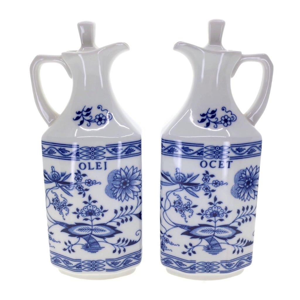 Cibulák - Karafy na olej a ocet, bílý porcelán s cibulákovým dekorem