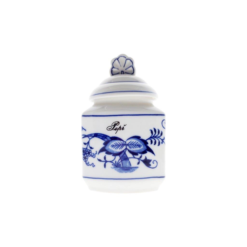 Cibulák - Kořenka s nápisem Pepř černý mletý, bílý porcelán s cibulákovým dekorem