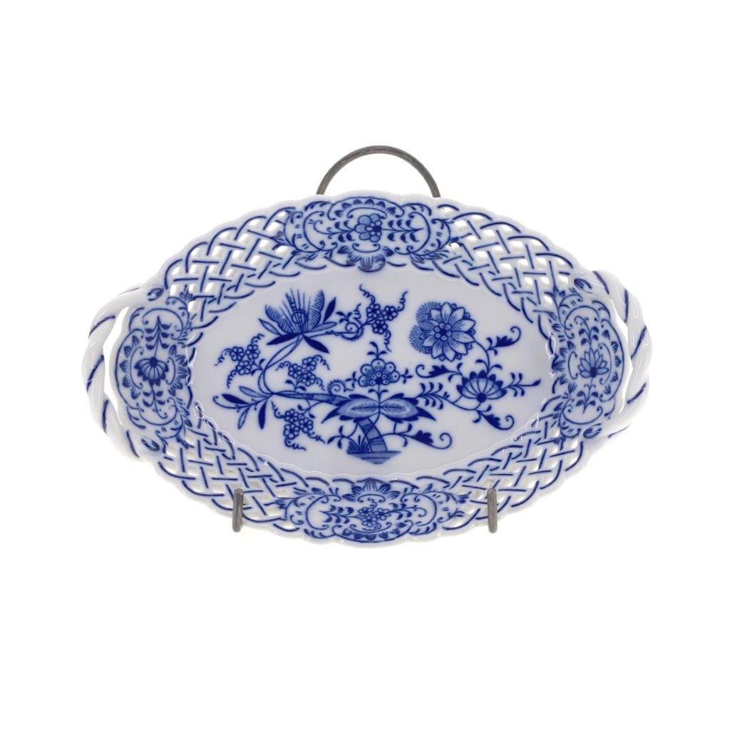 Cibulák - Košík prolamovaný 19 cm, bílý porcelán s cibulákovým dekorem