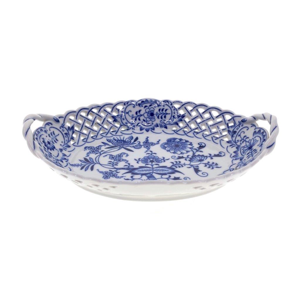 Cibulák - Košík prolamovaný 21 cm, bílý porcelán s cibulákovým dekorem