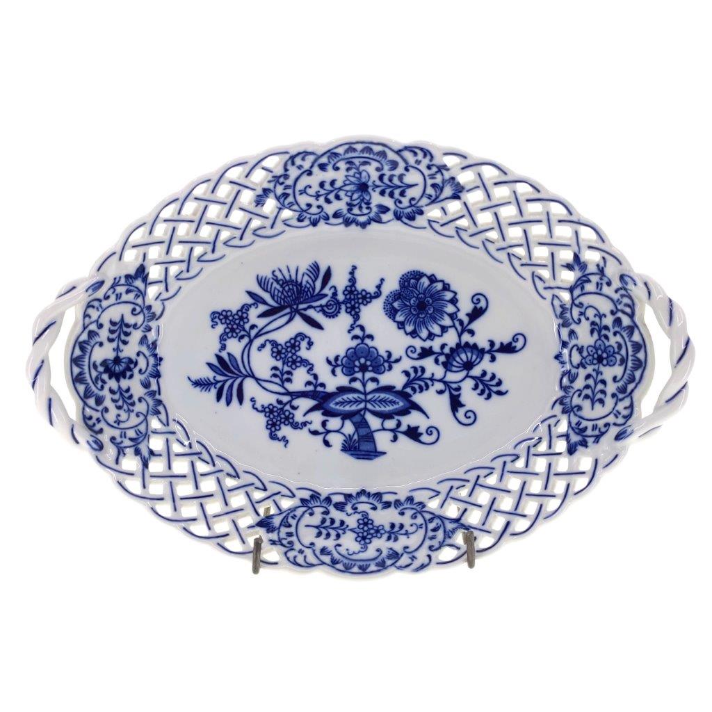 Cibulák - Košík prolamovaný 24 cm, bílý porcelán s cibulákovým dekorem