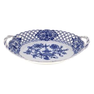 Cibulák - Košík prolamovaný 24 cm, bílý porcelán s cibulákovým dekorem