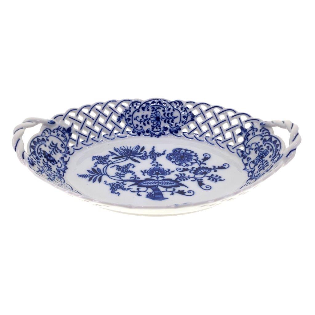 Cibulák - Košík prolamovaný 24 cm, bílý porcelán s cibulákovým dekorem