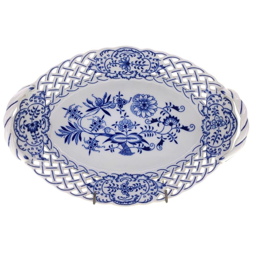 Cibulák - Košík prolamovaný 28 cm, bílý porcelán s cibulákovým dekorem