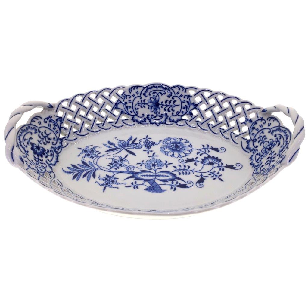 Cibulák - Košík prolamovaný 28 cm, bílý porcelán s cibulákovým dekorem