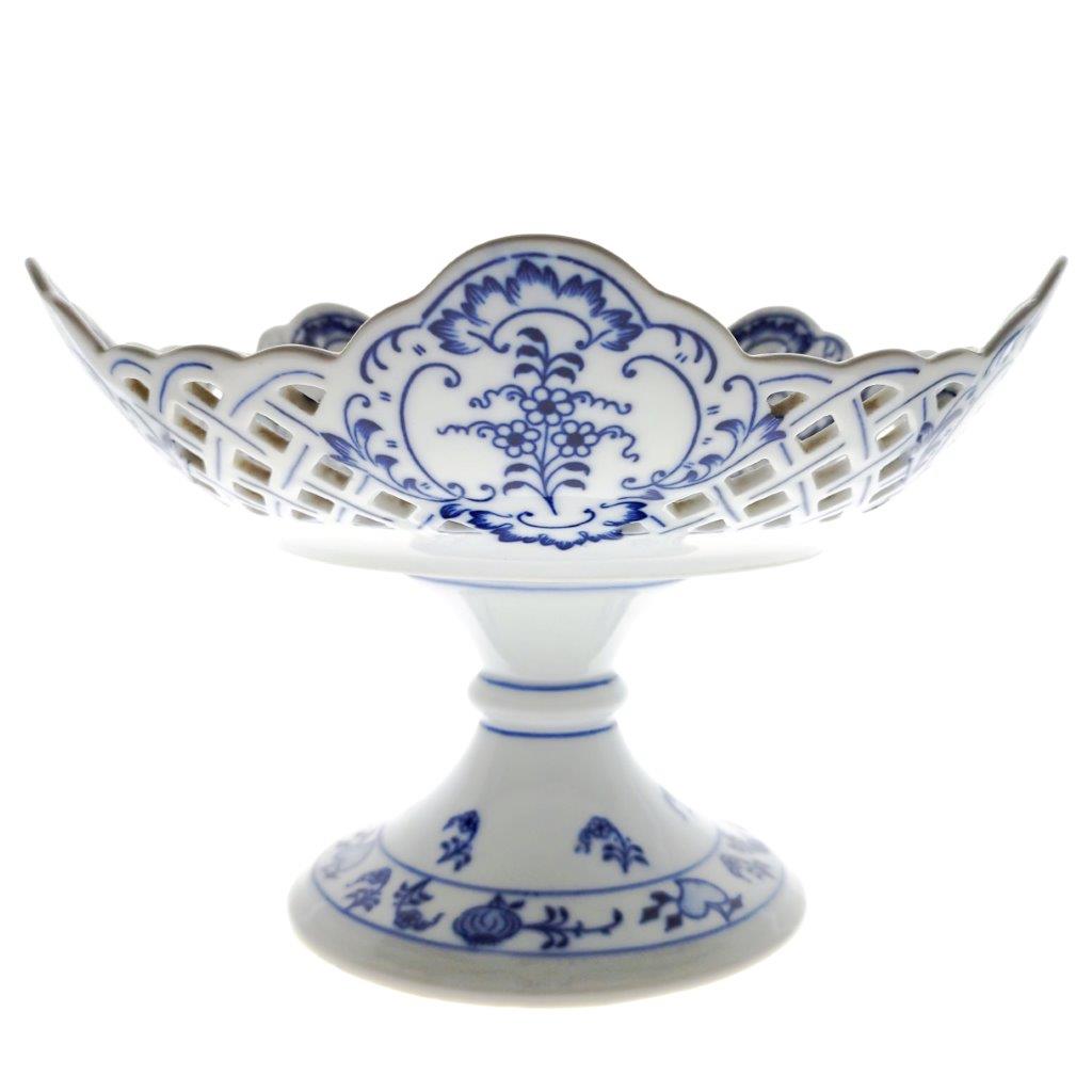 Cibulák - Mísa pětihranná prolamovaná na noze, bílý porcelán s cibulákovým dekorem