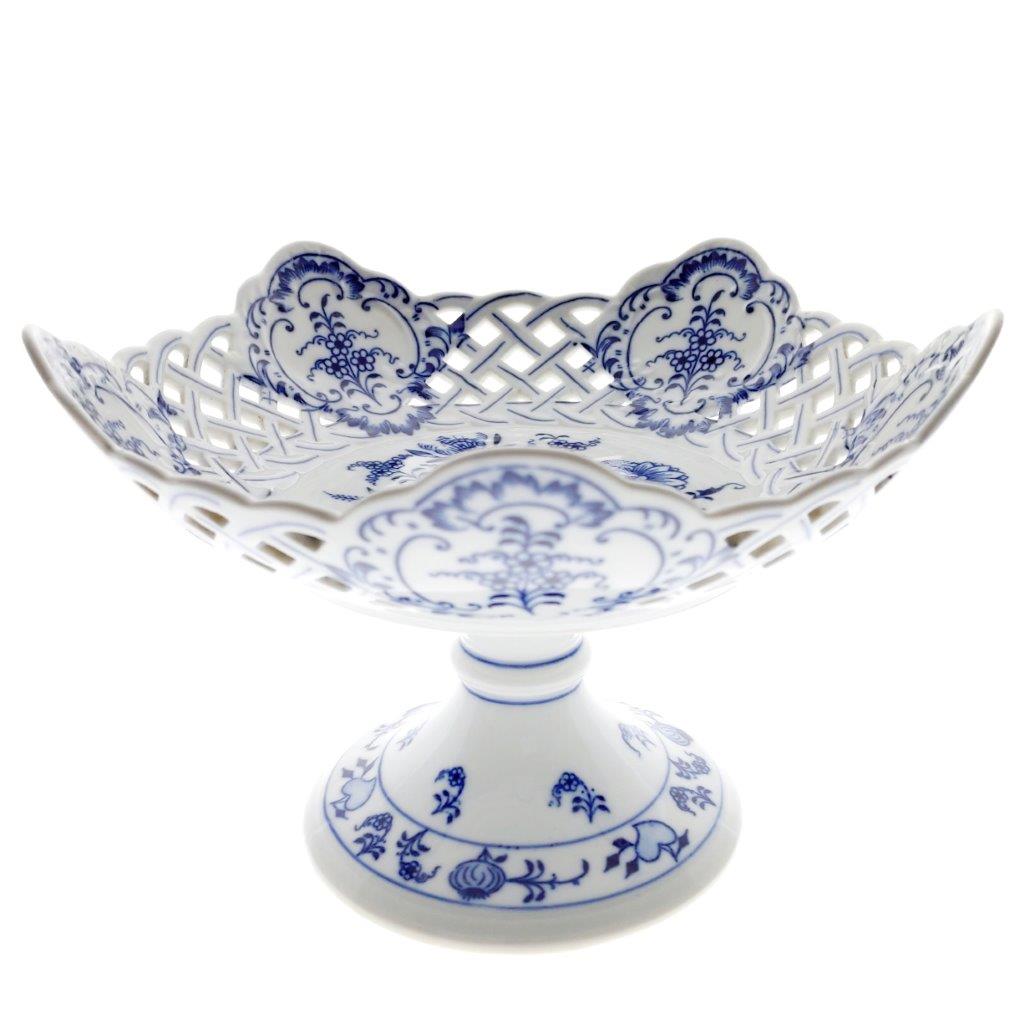 Cibulák - Mísa pětihranná prolamovaná na noze, bílý porcelán s cibulákovým dekorem