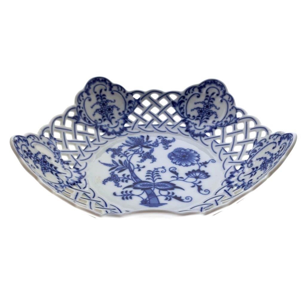 Cibulák - Mísa pětihranná prolamovaná, bílý porcelán s cibulákovým dekorem