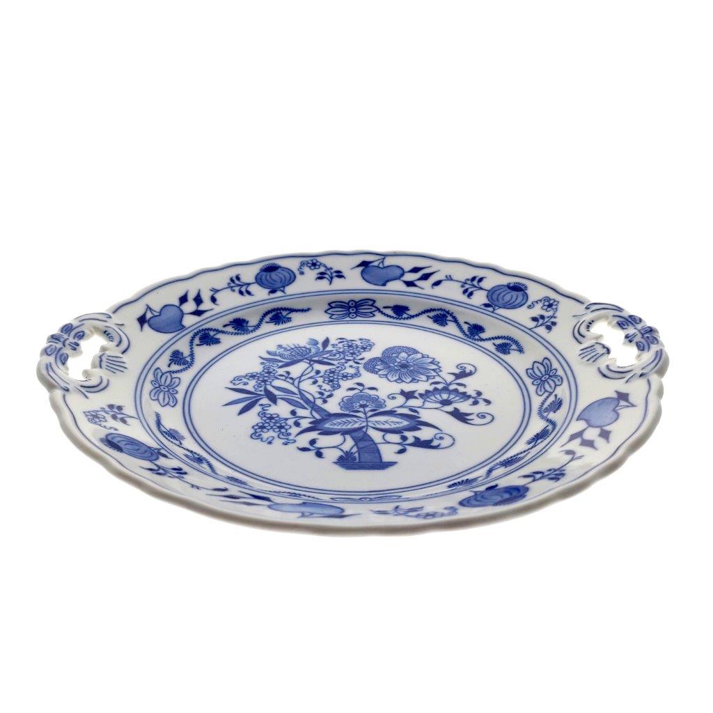 Cibulák - Talíř koláčový s uchy, bílý porcelán s cibulákovým dekorem