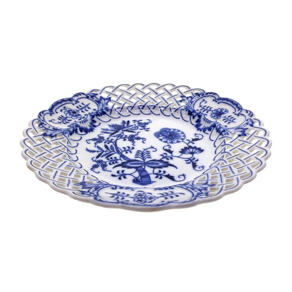 Cibulák - Talíř prolamovaný průměr 27 cm, bílý porcelán s cibulákovým dekorem