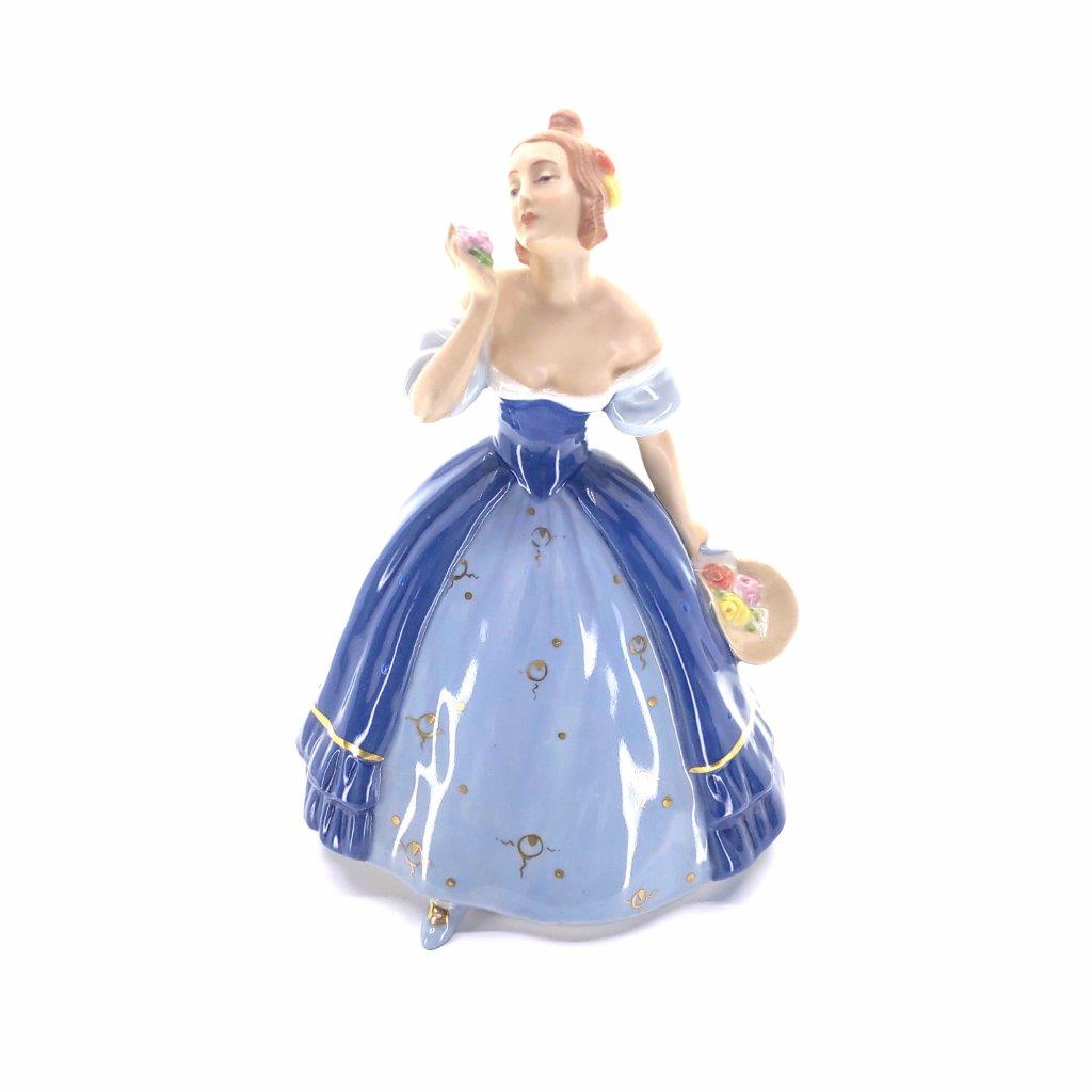 porcelánová soška značky Royal Dux, model: květinářka, modrý dekor se zlacením