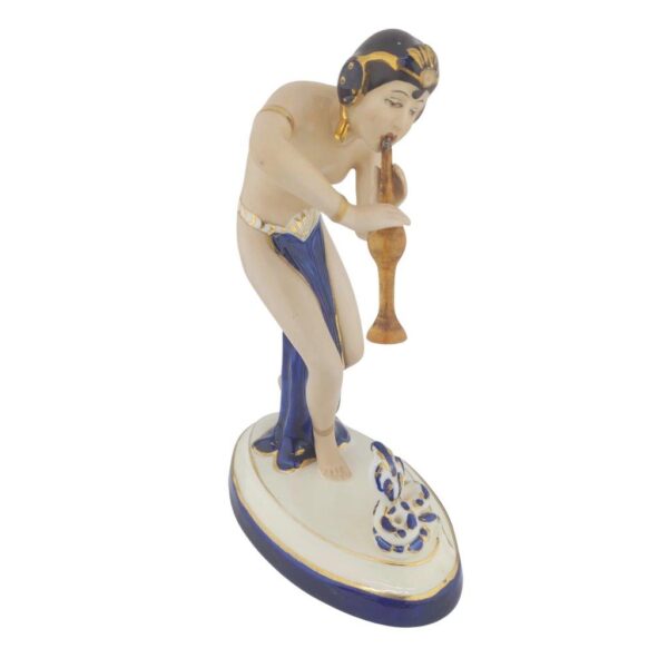 porcelánová soška značky Royal Dux, model: tanečnice s hadem, kobaltový dekor se zlacením