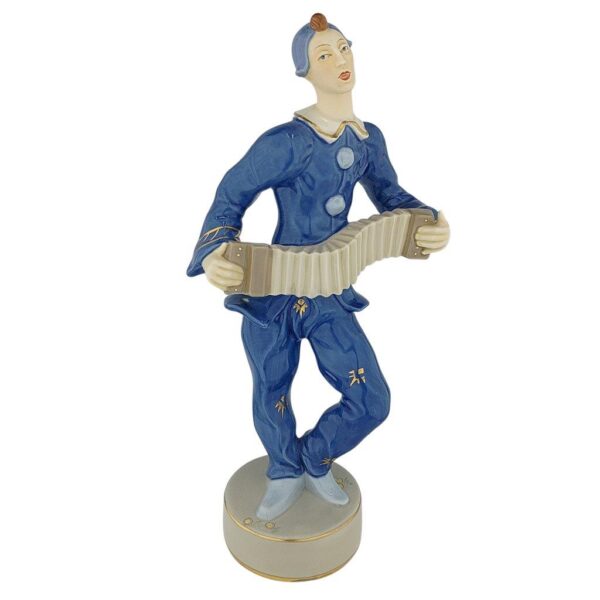 porcelánová socha duchcovské porcelánky, značka Royal Dux, model: harmonikář, modrý dekor se zlacením