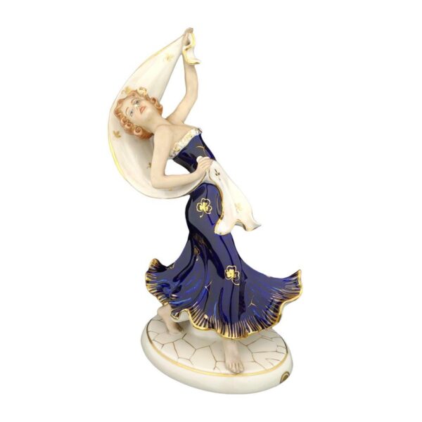 porcelánová socha duchcovské porcelánky, značka Royal Dux, model: Dáma s bílou šálou zrcadlový model, kobalt se zlacením