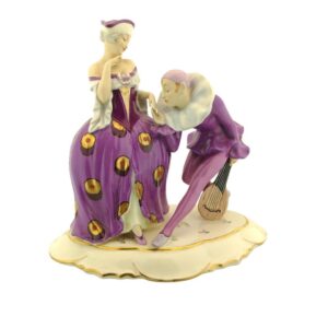 porcelánová figura značky Royal Dux, model: pierot s kolombínou, fialový dekor se zlacením