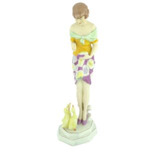 porcelánová socha duchcovské porcelánky, značka Royal Dux, model: Dívka s kachničkami, růžový dekor s kuličkami a zlacením