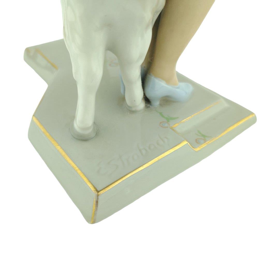 porcelánová socha duchcovské porcelánky, značka Royal Dux, model: Dívka s kozlem, modrý dekor se zlacením, signatura