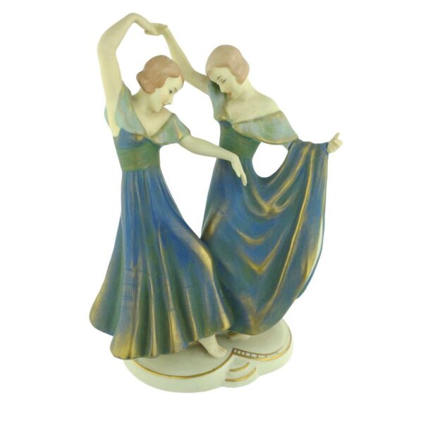 porcelánová soška značky Royal Dux, model: dvě tanečnice, modro-zlatý dekor