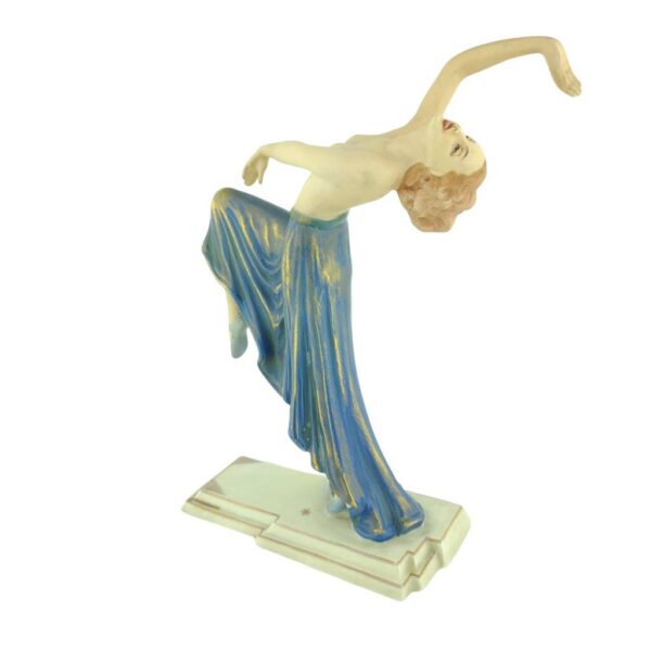 porcelánová soška značky Royal Dux, model: dáma v záklonu, modro-zlatý dekor