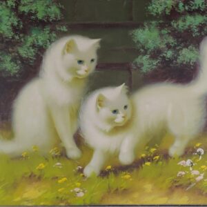 Olejomalba na plátně od maďarského malíře Bena Boleradszkeho, motiv: dvě bílé perské kočky, datace: první polovina 20. století