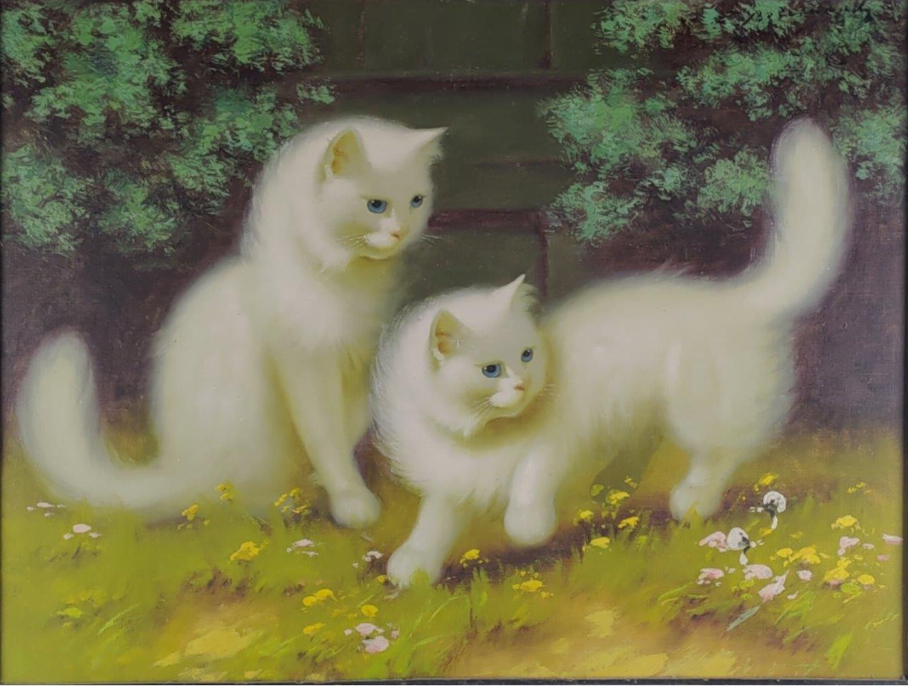 Olejomalba na plátně od maďarského malíře Bena Boleradszkeho, motiv: dvě bílé perské kočky, datace: první polovina 20. století