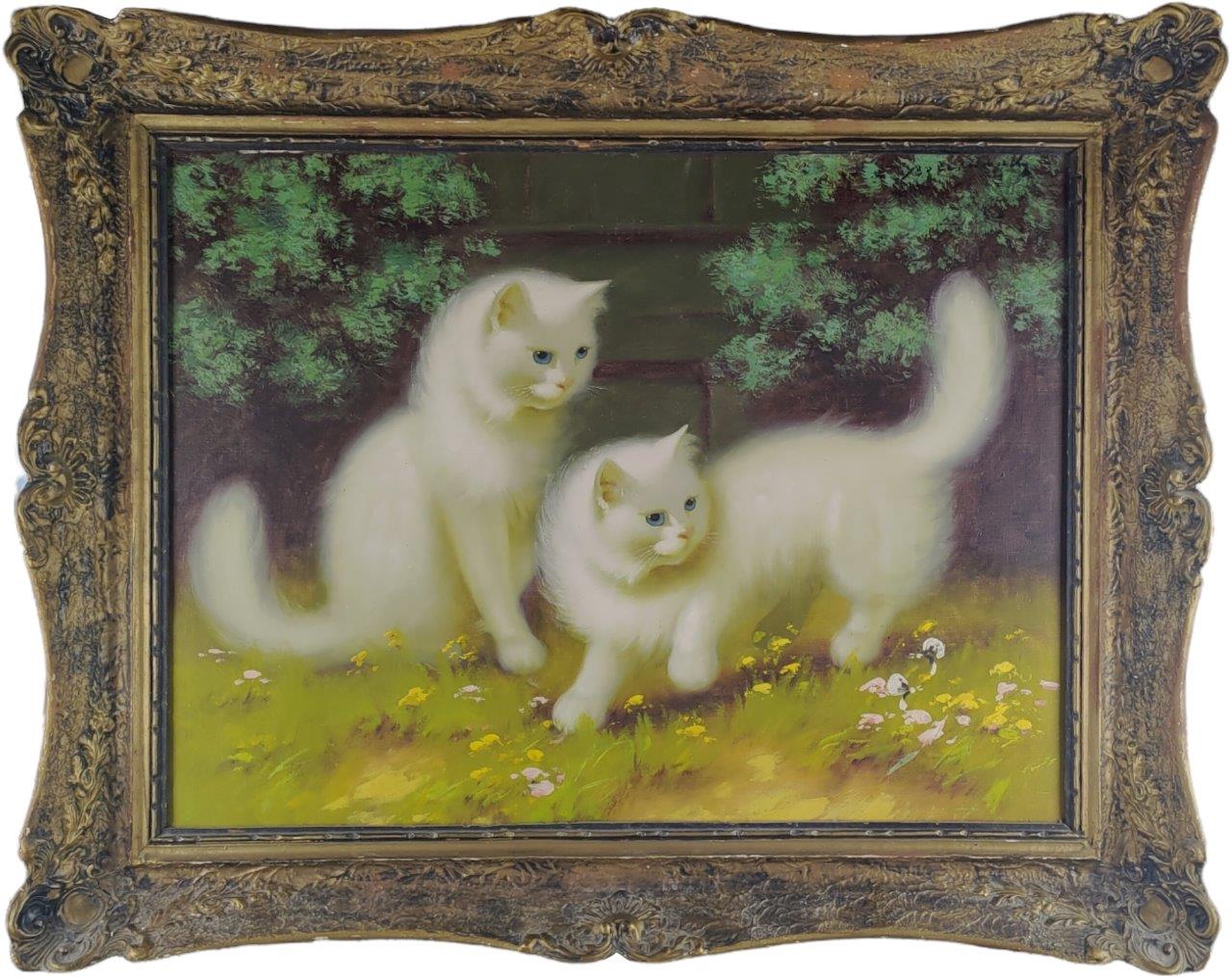 Olejomalba na plátně od maďarského malíře Bena Boleradszkeho, motiv: dvě bílé perské kočky, datace: první polovina 20. století