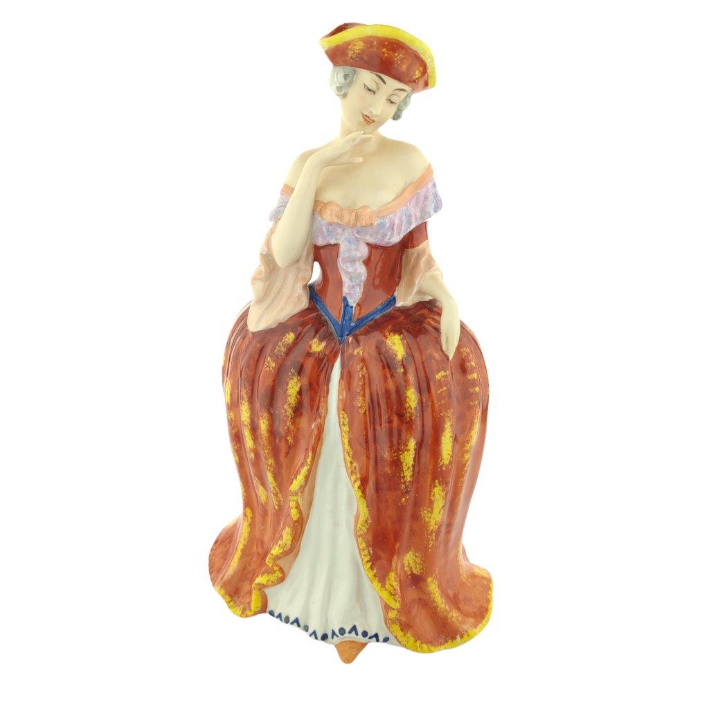 porcelánová figura značky Royal Dux, model: kolombína, červený dekor s barevnými akcenty