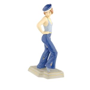 porcelánová figura značky Royal Dux, model: námořnice Art deco, modrý dekor se zlacením