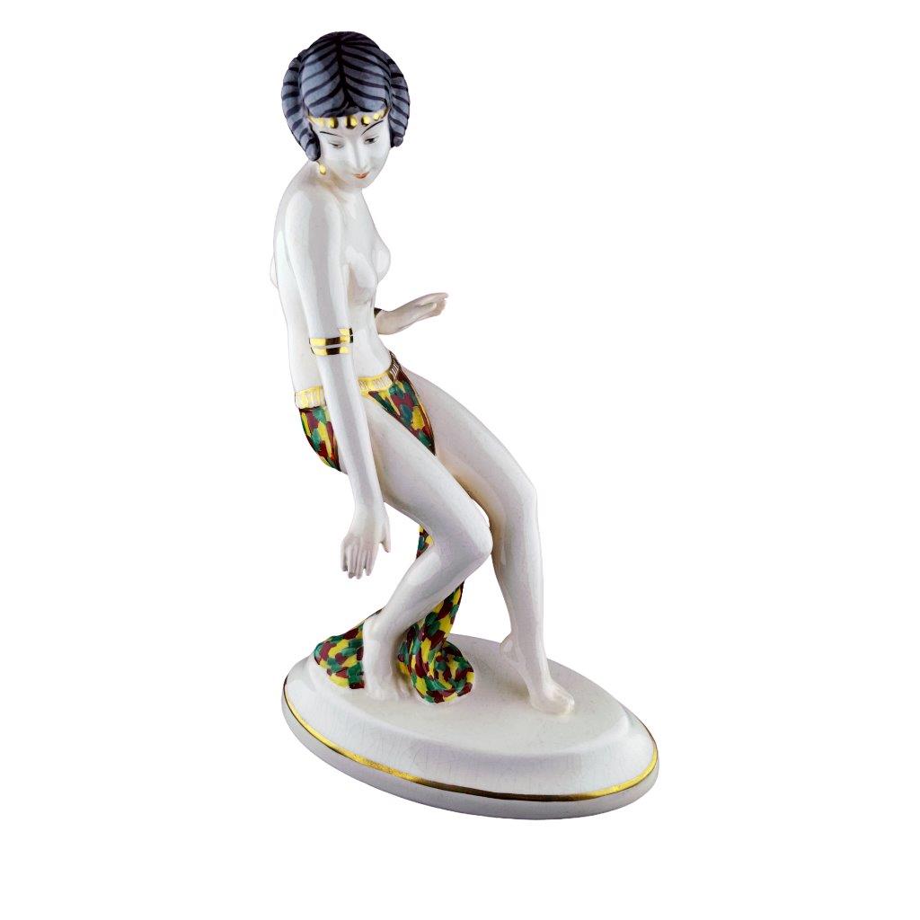porcelánová figura značky Royal Dux, model: orientální tanečnice, saxe dekor se zlacením
