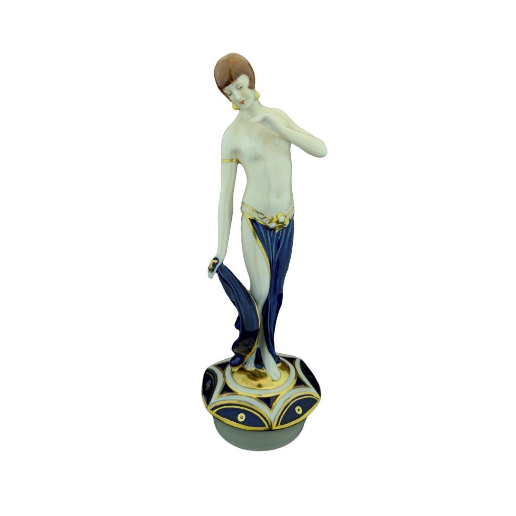porcelánová figura značky Royal Dux, model: žena poloakt na podstavci, kobaltový dekor se zlacením