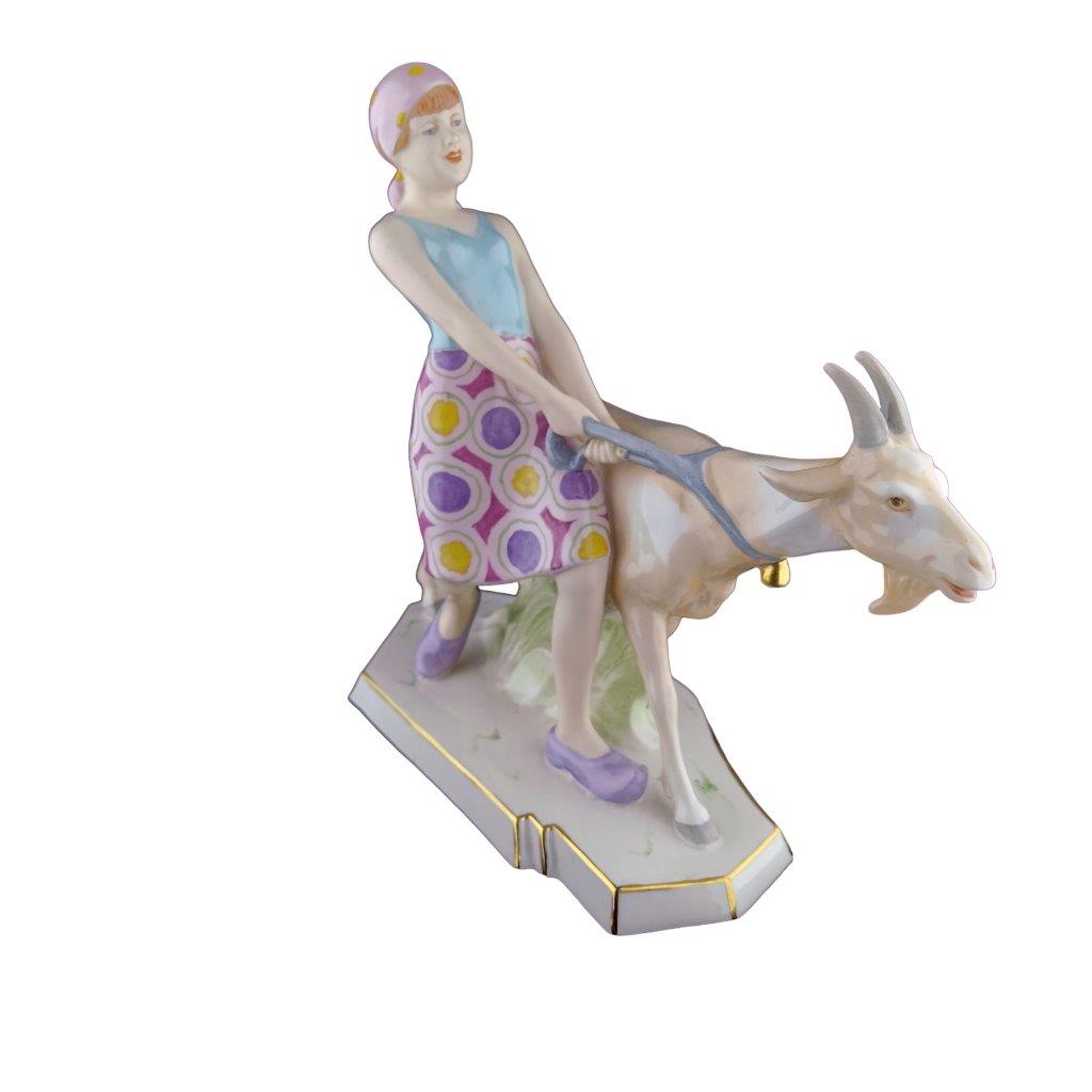 porcelánová figura značky Royal Dux, model: dívka s kozou, růžový dekor se zlacením