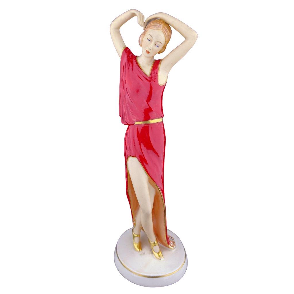 porcelánová figura značky Royal Dux, model: dáma v dlouhých šatech, červený dekor se zlacením