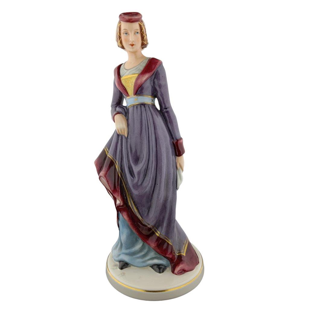 porcelánová figura značky Royal Dux, model: Kněžná s kapesníčkem, fialový dekor - purpur se zlacením