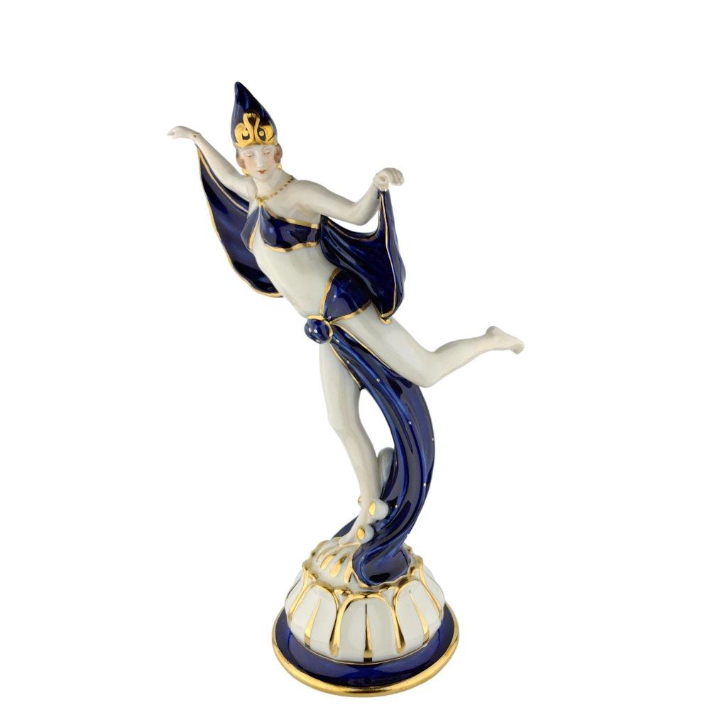 porcelánová figura značky Royal Dux, nádherný a raritní model: motýlí tanečnice, kobaltový dekor se zlacením
