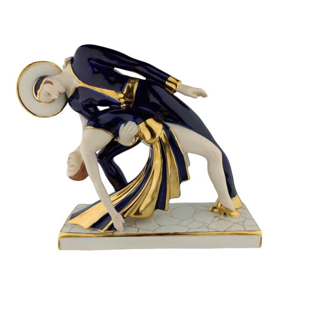porcelánová figura značky Royal Dux, exklusivní model: taneční pár paso doble, kobaltový dekor se zlacením