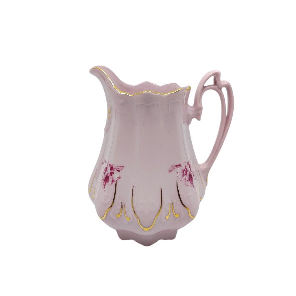 Mlékovka z růžového porcelánu, květinový dekor se zlacením