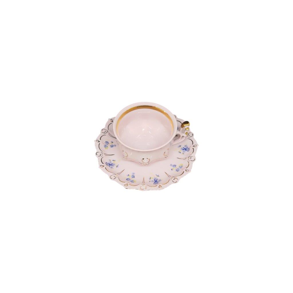 Šálek a podšálek z růžového porcelánu s pomněnkovým dekorem, model Lenka