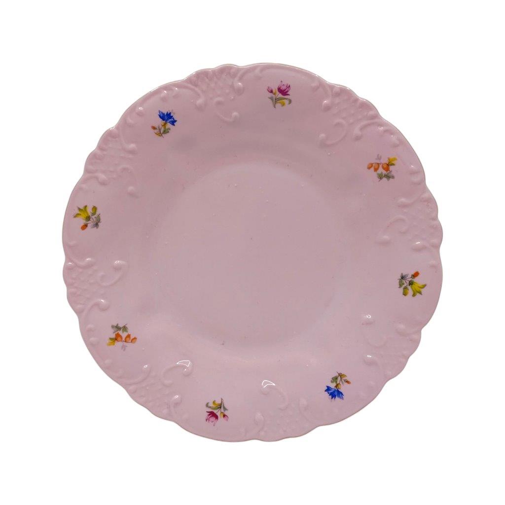 Talíř dezertní o průměru 19 cm z růžového porcelánu, květinový dekor se zlacením