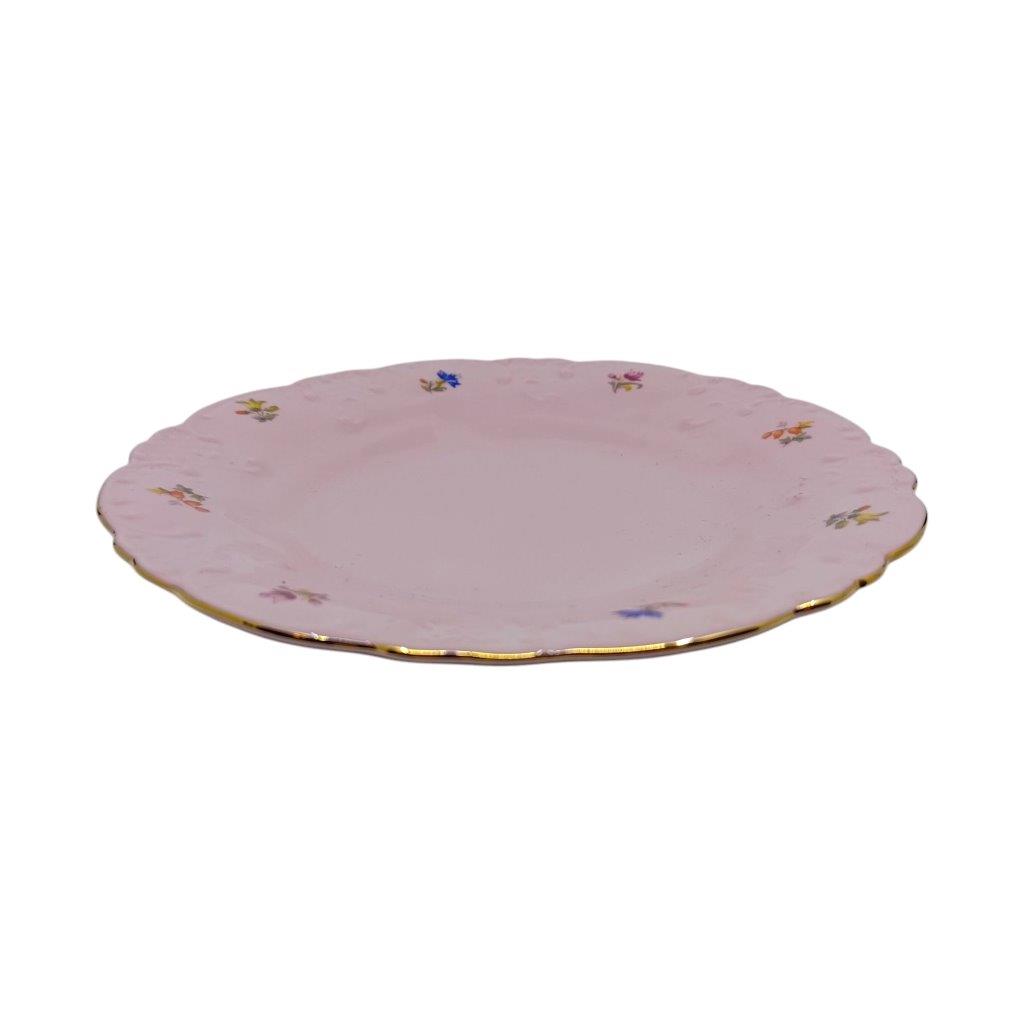 Talíř dezertní o průměru 19 cm z růžového porcelánu, květinový dekor se zlacením