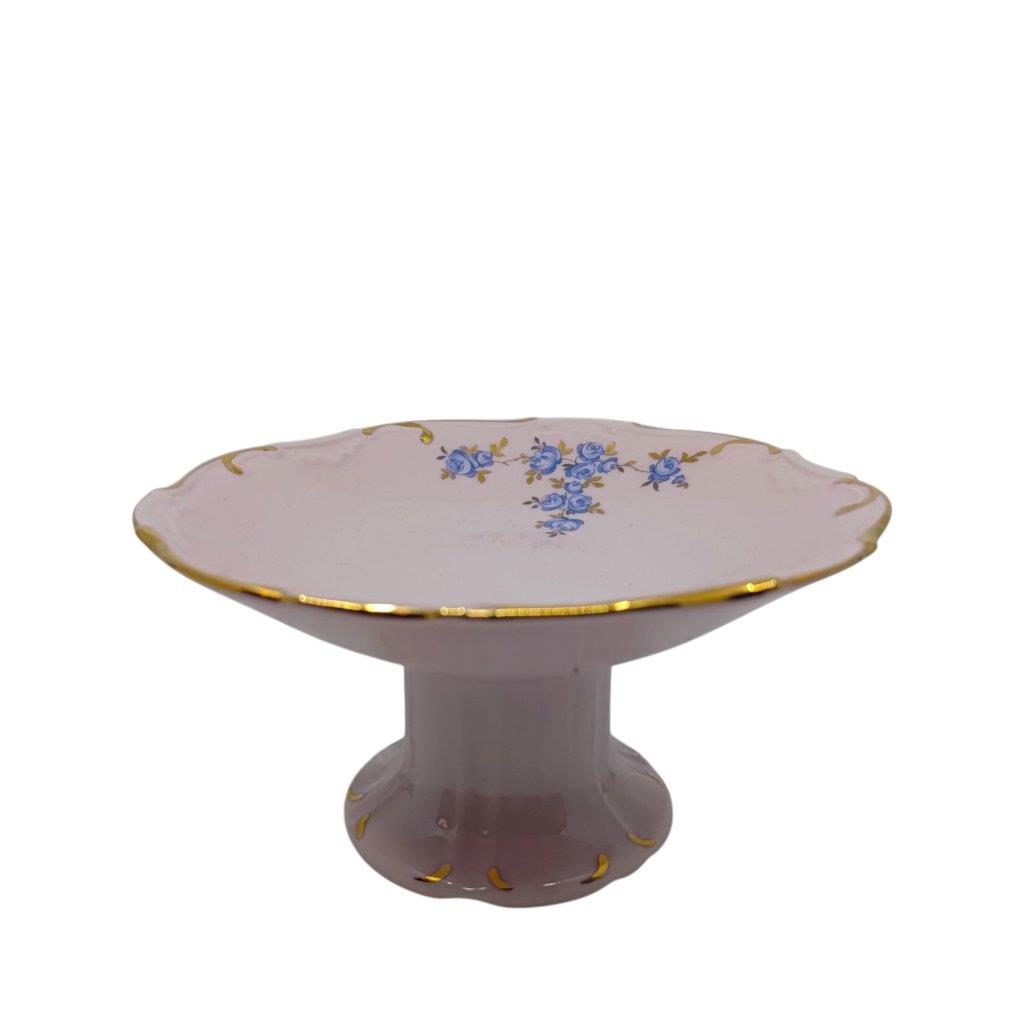 Miska na noze z růžového porcelánu, dekor modrých růží se zlacením