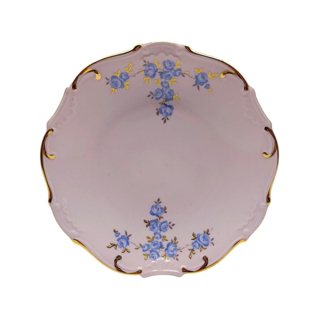 Miska na noze z růžového porcelánu, dekor modrých růží se zlacením